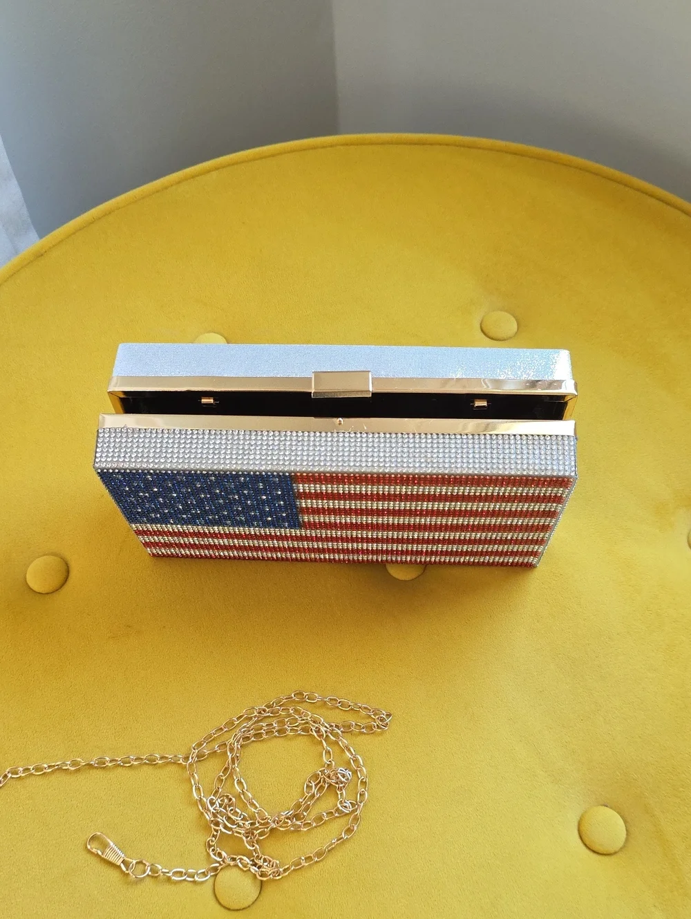 Crystal American Flag Box Clutch - Gold Chain